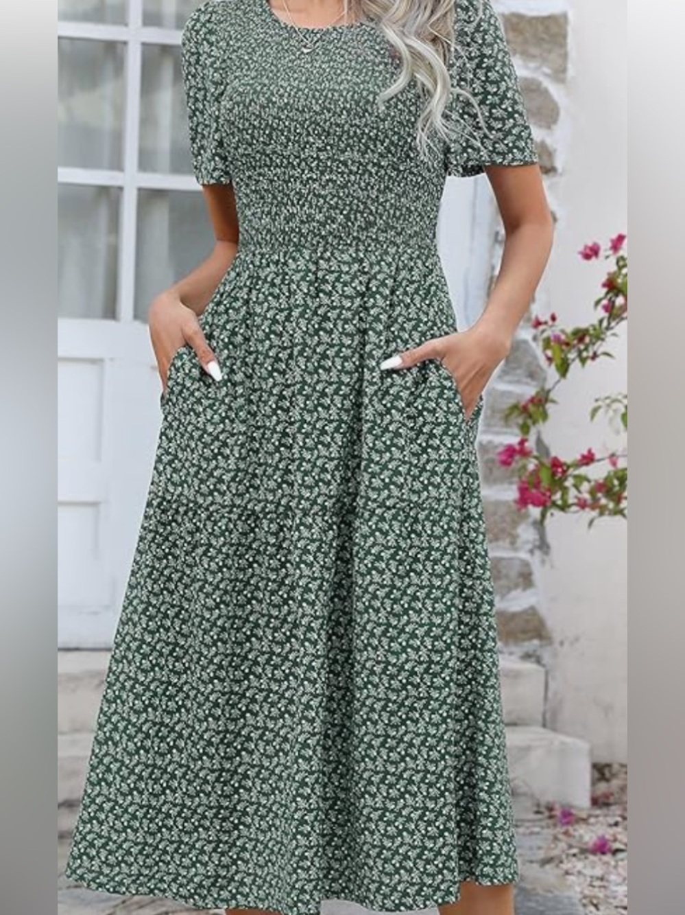 Women’s Ellakoko Smocked Waist Short Sleeve Floral Midi Dress - Green - Picture 2 of 11